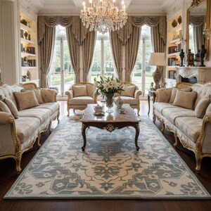 Puede incluir: Un salón lujoso con muebles ornamentados, incluyendo sofás y sillones con detalles dorados. Una gran alfombra estampada en tonos azules y crema cubre el suelo. Una lámpara de araña de cristal cuelga sobre una mesa de centro con un arreglo floral.