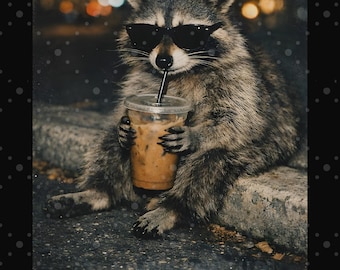 Tvättbjörn dricker iskaffe png digital nedladdning, retro förhistorisk png, gnimal älskare present, rolig djurmeme png, kaffetvättbjörn png