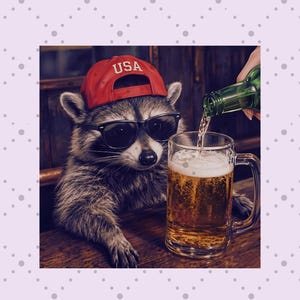 May include: A raccoon wearing a red baseball cap with "USA" printed on it and black sunglasses, sitting at a wooden table. A beer mug is being filled with beer from a green bottle. The raccoon appears to be enjoying a drink.