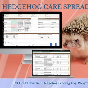 May include: A digital hedgehog care spreadsheet displayed on a computer monitor and a laptop screen, featuring a pet health tracker, feeding log, and weight tracker. A live hedgehog is positioned next to the monitor on a coral-colored background.