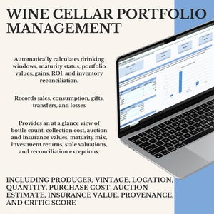Può includere: Un computer portatile color argento che mostra una dashboard per la gestione della cantina. Lo schermo visualizza tabelle di dati, grafici e testo che descrivono funzionalità come finestre di consumo, maturità, ROI e riconciliazione.