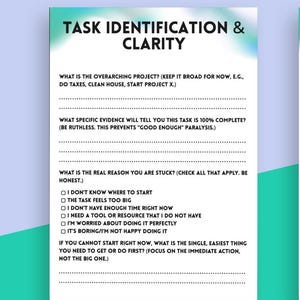 May include: Two-page worksheet with teal and white accents. The left page is titled "Task Identification & Clarity" and the right page is "Task Deconstruction and Momentum." Both pages contain prompts and fill-in-the-blank sections.