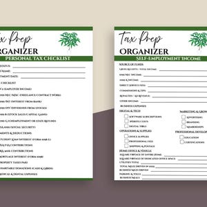 Puede incluir: Dos organizadores de preparación de impuestos con texto verde y blanco. El organizador de la izquierda es una lista de verificación de impuestos personales, y el de la derecha es para ingresos por cuenta propia. Ambos tienen un encabezado verde con las palabras "Tax Prep Organizer".