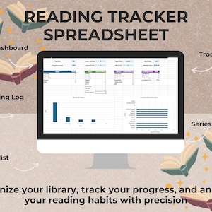 May include: A computer monitor displaying a reading tracker spreadsheet with tables, charts, and data fields. The screen shows categories like Dashboard, Reading Log, Tropes, Series Tracker, and Wishlist, surrounded by illustrations of open books.