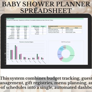 May include: A computer monitor displaying a baby shower planner spreadsheet with a budget tracking table, planning alerts, a bar chart comparing planned versus actual costs, and a donut chart showing RSVP status by guest count.