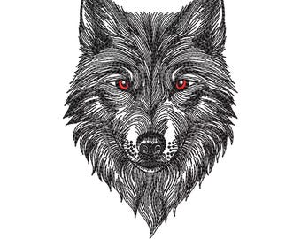 Stickdatei „Wolfskopf mit roten Augen“ | Stickvorlage „Porträt eines Wolfs mit roten Augen“ | Skizze eines Wildtiers | Einzelgängerwolf (7 Größen)