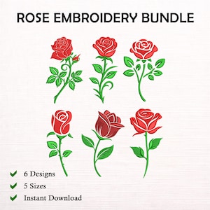 Rose Embroidery Bundle, Floral Machine Embroidery Files, PES DST EXP VP3, 6 Flower Designs, Instant Download, Digital Pattern