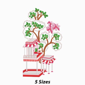Pagoda Embroidery Design Large Oriental Pavilion Tree Motif Asian Architecture Machine Embroidery Pattern