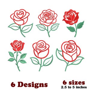 Può includere: Sei disegni di rose ricamate in rosso e verde. Le rose variano nello stile, alcune delineate e altre riempite. L'immagine include il testo "6 Designs" e "6 dimensioni da 6,35 a 12,7 cm".