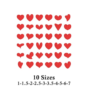 May include: A collection of thirty-six red embroidered heart shapes in various styles and orientations arranged in a grid. Below the hearts, the text reads 10 Sizes followed by the numbers 1-1.5-2-2.5-3-3.5-4-5-6-7 in inches.