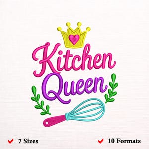 Kitchen Queen Embroidery Design, Queen of the Kitchen Machine Embroidery File, Baking Apron Whisk Pattern, Chef Crown File 7 Sizes