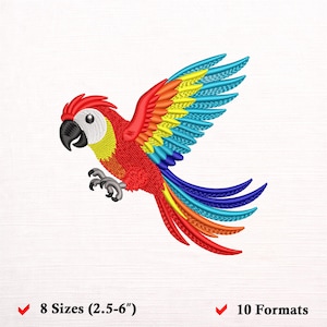 May include: An embroidered patch of a colorful parrot in flight, featuring a red body, yellow neck, and wings with blue, yellow, and red feathers. The parrot has a black beak and white eye patch. Text below reads 8 Sizes (2.5-6") and 10 Formats.