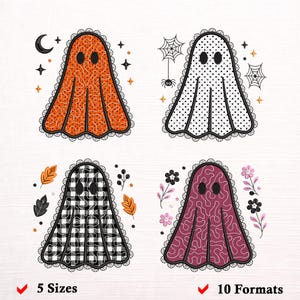 Peut inclure: Quatre illustrations de fantômes avec bordure en dentelle noire. Un orange à volutes, un blanc à pois noirs et toiles d'araignée, un à carreaux noir et blanc, et un bordeaux à volutes. Texte 5 Sizes et 10 Formats avec coches rouges.