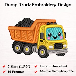Può includere: Un disegno per ricamo a macchina di un camion con cassone ribaltabile giallo con un cassone arancione pieno di materiale nero. Il camion ha un parabrezza color ottanio, un volto sorridente con guance rosa e ruote nere con centri gialli. Testo: Dump Truck Embroidery Design, 7 Sizes (1.5-3"), 10 Formats, Instant Download, Machine Embroidery File.