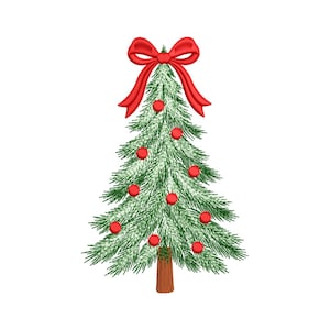 May include: An embroidered Christmas tree design featuring green pine needles with white highlights, decorated with small red circular ornaments. A large, bright red bow is positioned at the very top of the tree, and the trunk is brown.