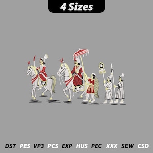 May include: An embroidered design featuring a procession of figures on horseback and on foot, dressed in red and white attire. The image includes the text "4 Sizes" at the top and various file format abbreviations at the bottom.