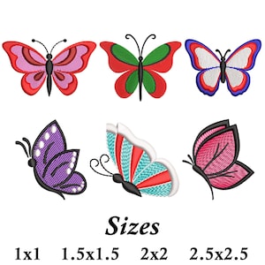 May include: Embroidered butterfly designs in various colors, including red, pink, green, blue, and purple. The image shows six different butterfly designs with the word "Sizes" and dimensions ranging from 1x1 to 2.5x2.5 inches.