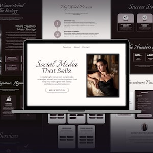 Könnte beinhalten: Ein Laptop-Bildschirm zeigt ein Website-Design mit dem Text "Social Media That Sells". Die Website zeigt eine Frau in einem schwarzen Kleid sowie Abschnitte zu Dienstleistungen, Erfolgsgeschichten und Investitionspaketen. Das Thema ist digitales Marketing.
