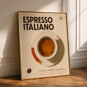 Puede incluir: Un póster enmarcado con el texto ESPRESSO ITALIANO, un gráfico de una taza de café con líquido marrón oscuro, un pequeño icono de la bandera italiana, un grano de café y las palabras PICCOLO, INTENSO, AUTENTICO, AROMA, CREMA, RITUALE.