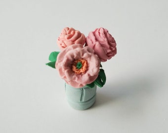 Miniature Peony Bouquet, Mini Flowers, Mini Bouquet, Miniature Plants, Handcrafted Polymer Clay