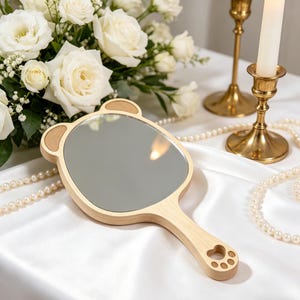Cute Cat Bear Ear Wooden Hand Mirror with Paw Handle | Bridal Shower Favor | Romantic Wedding Table Decor | Custom Name Makeup Mirror
