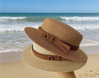 Straw Boater Hat, Flat Brim Sun Hat with Leather Belt, Boho Beach Vacation Accessory