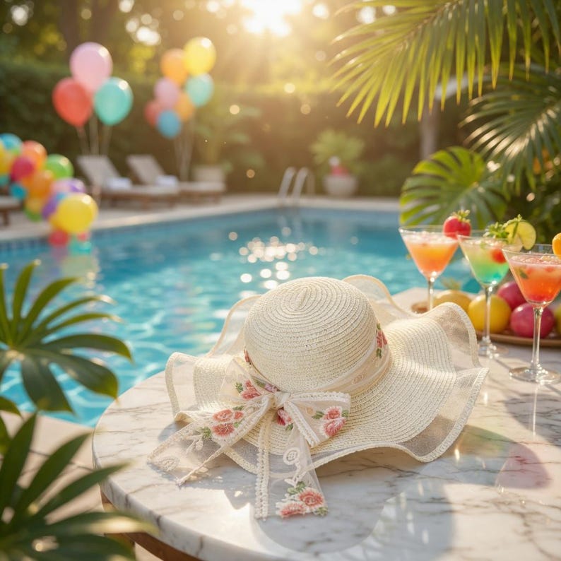 K&ouml;nnte beinhalten: Ein cremefarbener Sonnenhut mit breiter Krempe und einer floralen Schleife liegt auf einem Marmortisch. Der Hut befindet sich in der N&auml;he eines Pools mit bunten Cocktails und Luftballons im Hintergrund. Die Szene ist sonnenbeschienen.