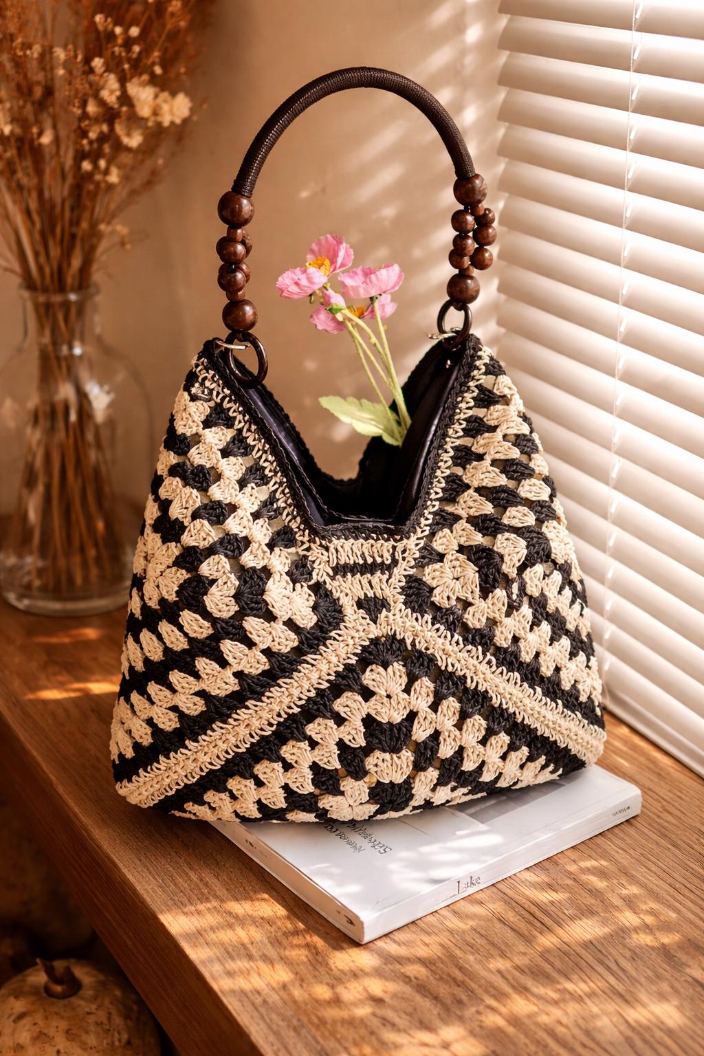 Borsa In Maglia Beige E Rosa Con Fiocco E Portachiavi Perlato - Tote Bag Estiva Capiente Per Spiaggia, Shopping E Vacanze