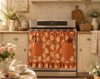 Pumpkin Oven Curtain with Pockets, Farmhouse Kitchen Decor, French Country Stove Cover, Fall Kitchen Towel Cabinet Curtain,Autumn Home Decor