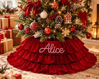 Gonna per albero di Natale personalizzata, gonna per albero in velluto con nome personalizzato, decorazione natalizia con volant rossi, regalo per le feste