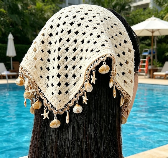 Boho Crochet Head Scarf with Seashell Charms Bohemian Crochet Headscarf with Shell Charms - Brown - Small  main image 3