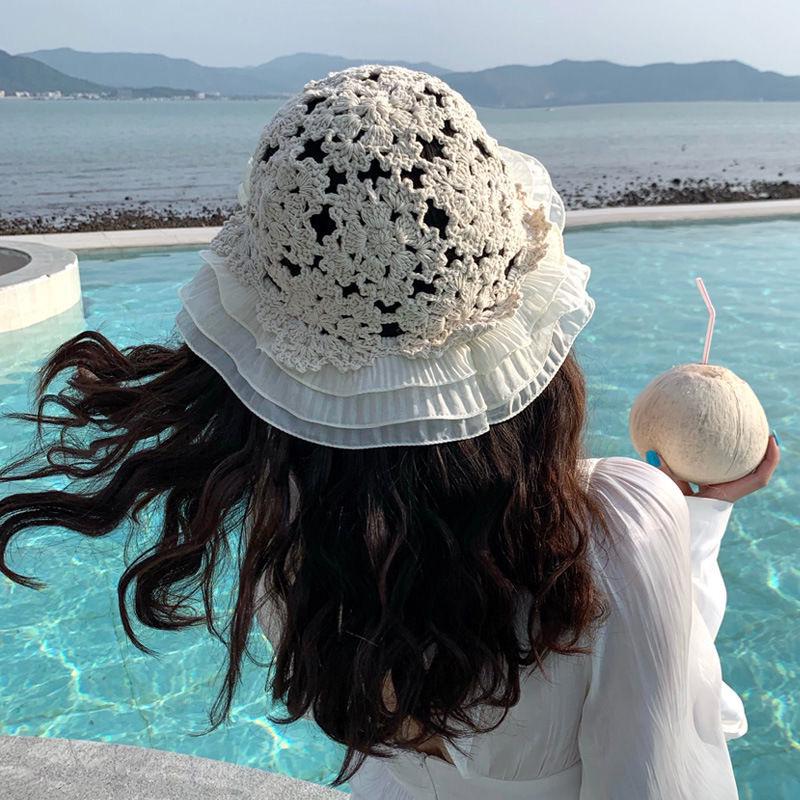 New Handmade Crocheted Ruffled Mesh Bucket Hat for Women- White & Light Blue crochet mesh hat tutorial is up, just in time for soup  main image 4