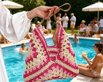 Personalized Name Crochet Straw Tote Bag, Granny Square Beach Bag, Summer Vacation Poolside Handbag, Bridesmaid Gift, Boho Shoulder Bag