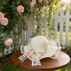 K&ouml;nnte beinhalten: Ein cremefarbener Sonnenhut mit breiter, gewellter Krempe und einer floralen Schleife. Der Hut ist aus gewebtem Stroh gefertigt und hat eine zarte Spitzenborte. Der Hut liegt auf einem runden Holztisch.