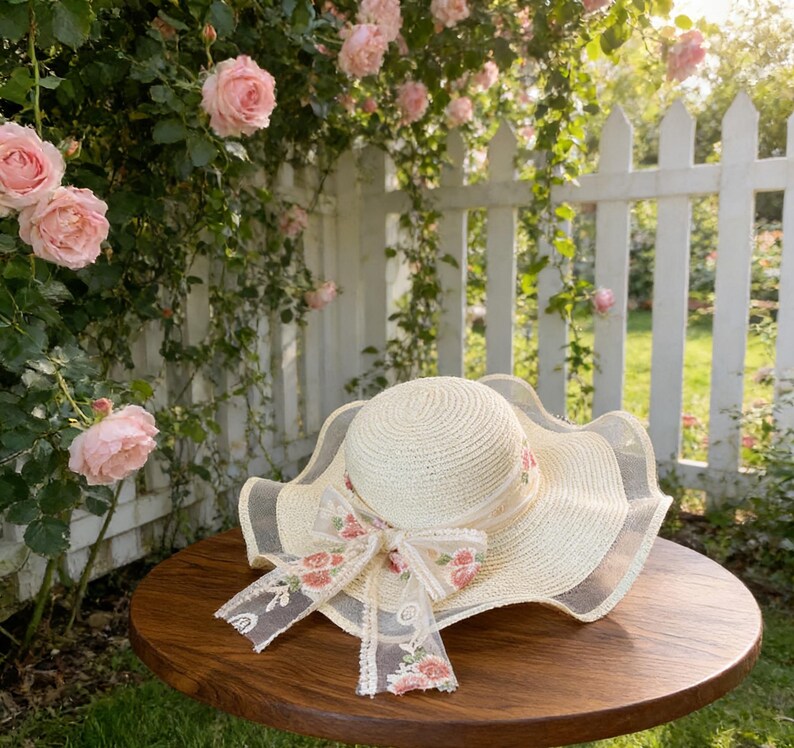 K&ouml;nnte beinhalten: Ein cremefarbener Sonnenhut mit breiter, gewellter Krempe und einer floralen Schleife. Der Hut ist aus gewebtem Stroh gefertigt und hat eine zarte Spitzenborte. Der Hut liegt auf einem runden Holztisch.