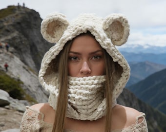 Handgehäkelte Bär Balaclava, Warme Winter Haube, Kuschelige Tier Mütze, Unisex Ski Maske