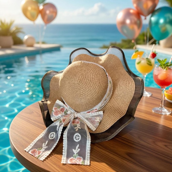 Vintage Floral Lace Straw Sun Hat | Wide Brim Boho Summer Beach Hat