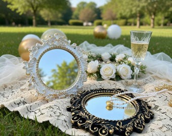 エレガントな白いロココ調化粧鏡：ヴィンテージ風の装飾が施された卓上化粧鏡ギフト、美しいバスルーム化粧台の装飾、新築祝いのギフト