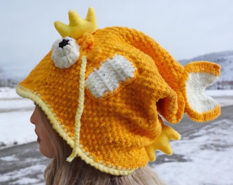 Lustig gehäkelte Karpfenkopf Mütze mit Krone & großen Augen - Handgefertigte Fish King Mütze | Kostüm-Hut, Unisex-Neuheit Hut für Festivals, Schenken