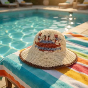 May include: A cream-colored crochet sun hat with a crab design in shades of red, blue, and brown. The hat has a wide brim with a brown border and is resting on a striped towel near a pool.