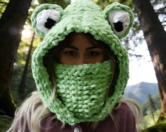 Niedliche Frosch gehäkelte Balaclava - Skimütze mit Ohren | Handgefertigte Tiermütze, Warme Winterhaube, Gemütliche Unisex-Mütze