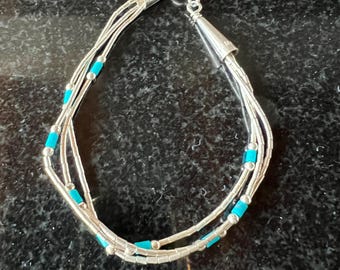 Liquid Silver Bracelet – 7 Inch Multi Strand Turquoise Accent – Southwest Style – Marked Sterling – Vintage Jewelry
