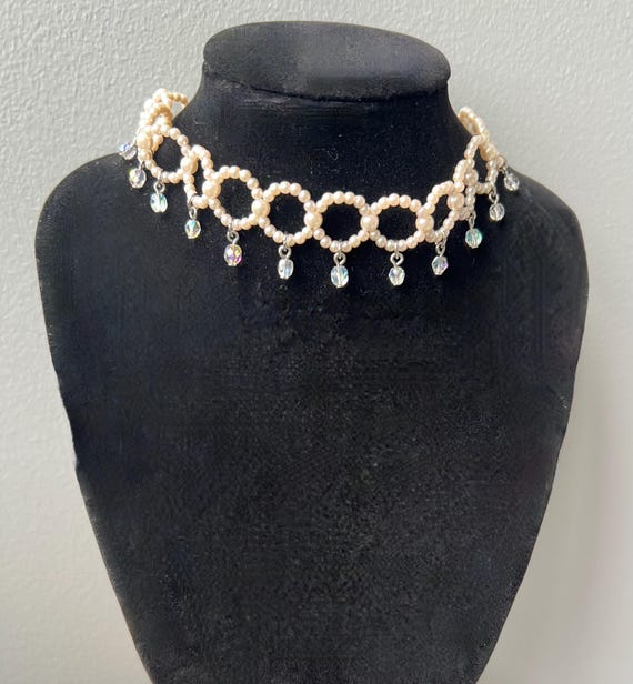 Y2K Faux Pearl & Crystal Choker Necklace with Back Drop, Silver-Tone