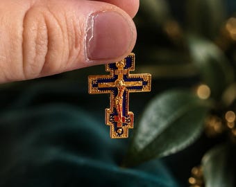 Russischer Anhänger 3,8x1,5cm, Kruzifix-Anhänger, mini blaugoldenes christliches Kreuz