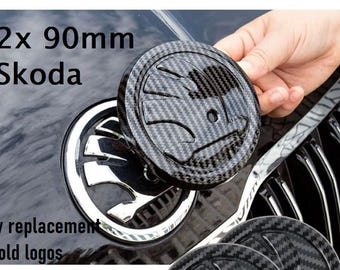 2 emblemas Skoda de 90 mm com motivo em fibra de carbono; Emblemas para Skoda; Logotipo