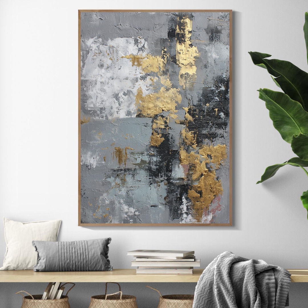 Abstract Oil Painting: Gold and Grey Textured Canvas (large Wall Art ...