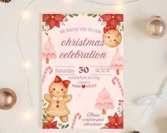 May include: A Christmas celebration invitation with a light pink background. The invitation features illustrations of gingerbread people, Christmas trees, and candy canes. The text reads "WE INVITE YOU TO OUR christmas celebration".