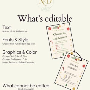May include: A Christmas Celebration invitation with festive red and gold accents. The invitation includes editable text fields for names, dates, and addresses. The design features a Christmas tree, ornaments, and the text "What's editable."