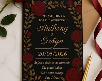 May include: Black wedding invitation with gold text and red rose accents. The invitation reads "Please join us for the wedding of Anthony & Evelyn" with the date 20/05/2026. A gold pen and a red rose are also visible.