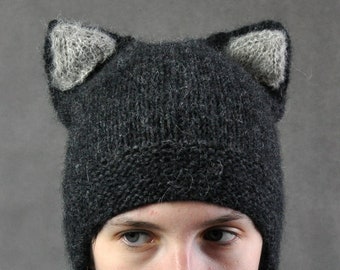 Knit wolf hat, Wolf beanie hat, Alpaca hat with ears, Woodland animal hat, Winter beanie gift for dad